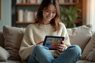 Jeune femme lisant un webtoon sur tablette dans un salon cosy avec des mangas en arrière-plan