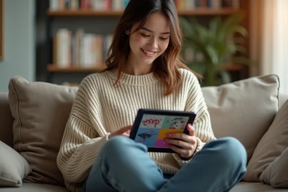Jeune femme lisant un webtoon sur tablette dans un salon cosy avec des mangas en arrière-plan