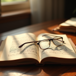 Livre de droit vintage ouvert sur un bureau en bois avec notes et lunettes