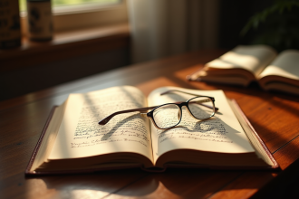 Livre de droit vintage ouvert sur un bureau en bois avec notes et lunettes