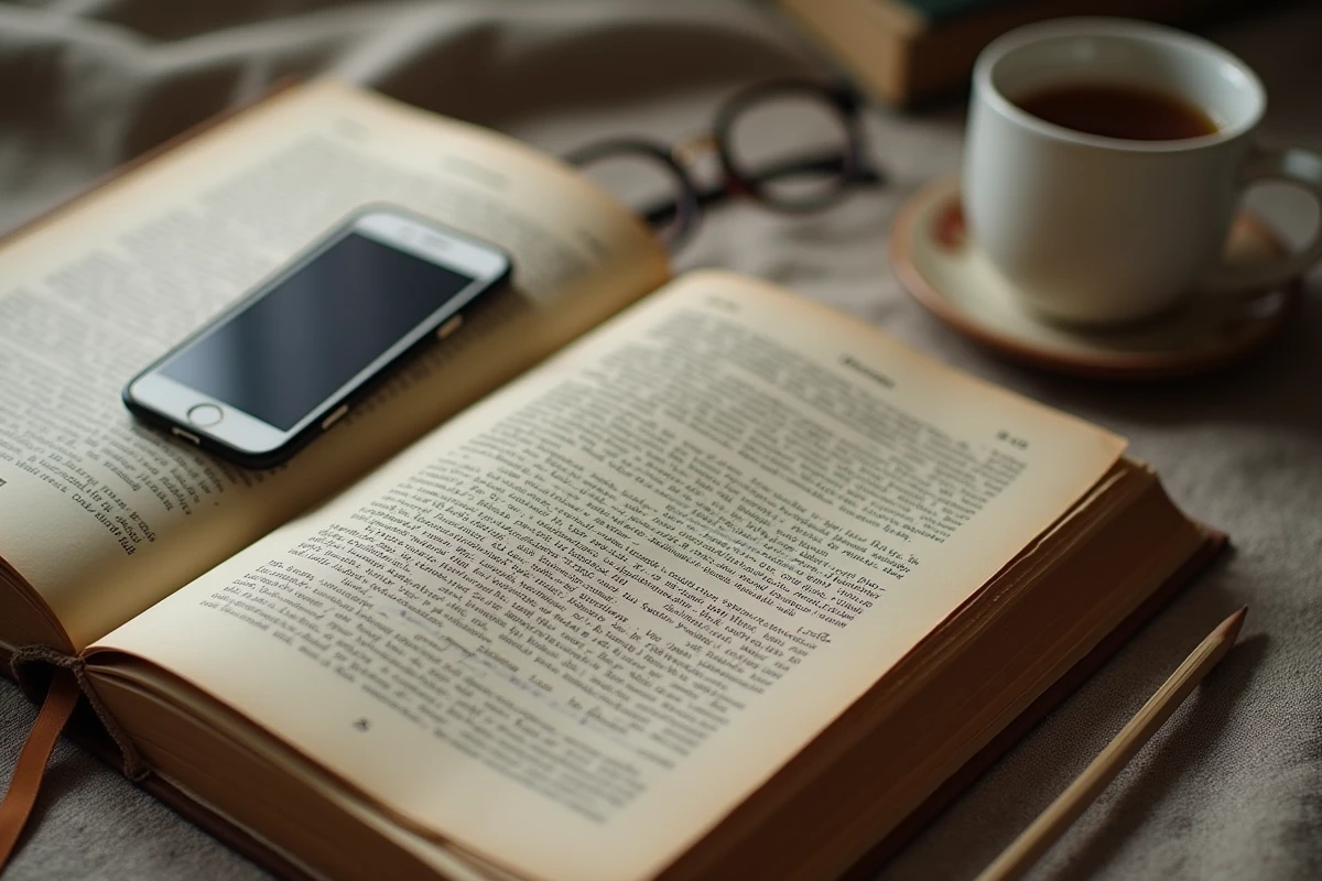 Livre ancien annoté d'Emerson posé près d'un smartphone moderne, illustrant la pertinence de la philosophie transcendantaliste au XXIe siècle