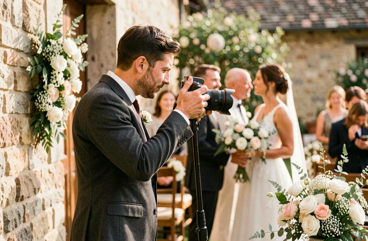 Vidéaste mariage filmant une cérémonie dans un domaine de campagne en Gironde