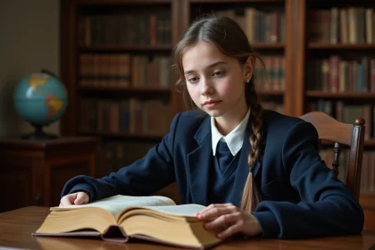Lycéenne lisant un livre classique de poésie anglaise dans une bibliothèque scolaire en bois sombre