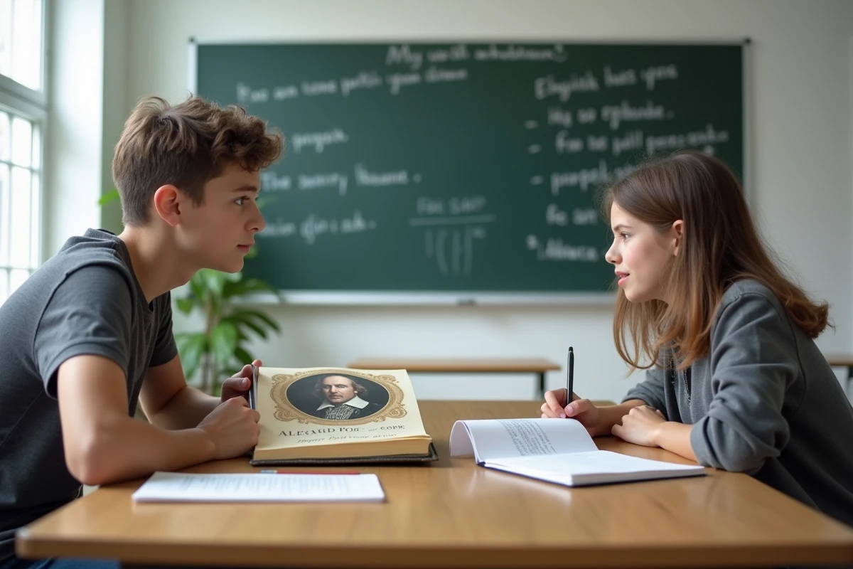 Deux lycéens travaillant ensemble sur un cours de poésie d'Alexander Pope dans une salle de classe moderne