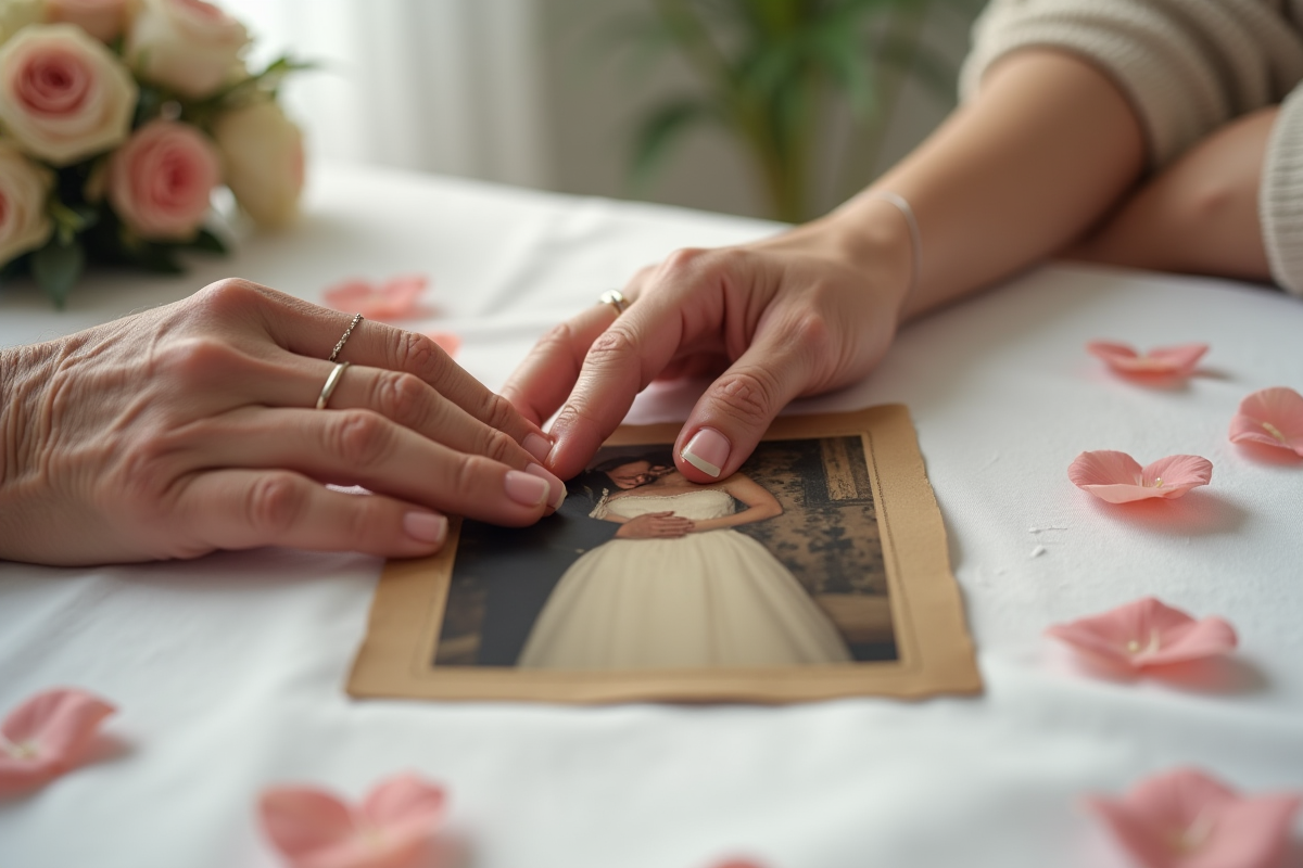 Mains ridées tenant une photo de leur mariage avec des pétales de rose