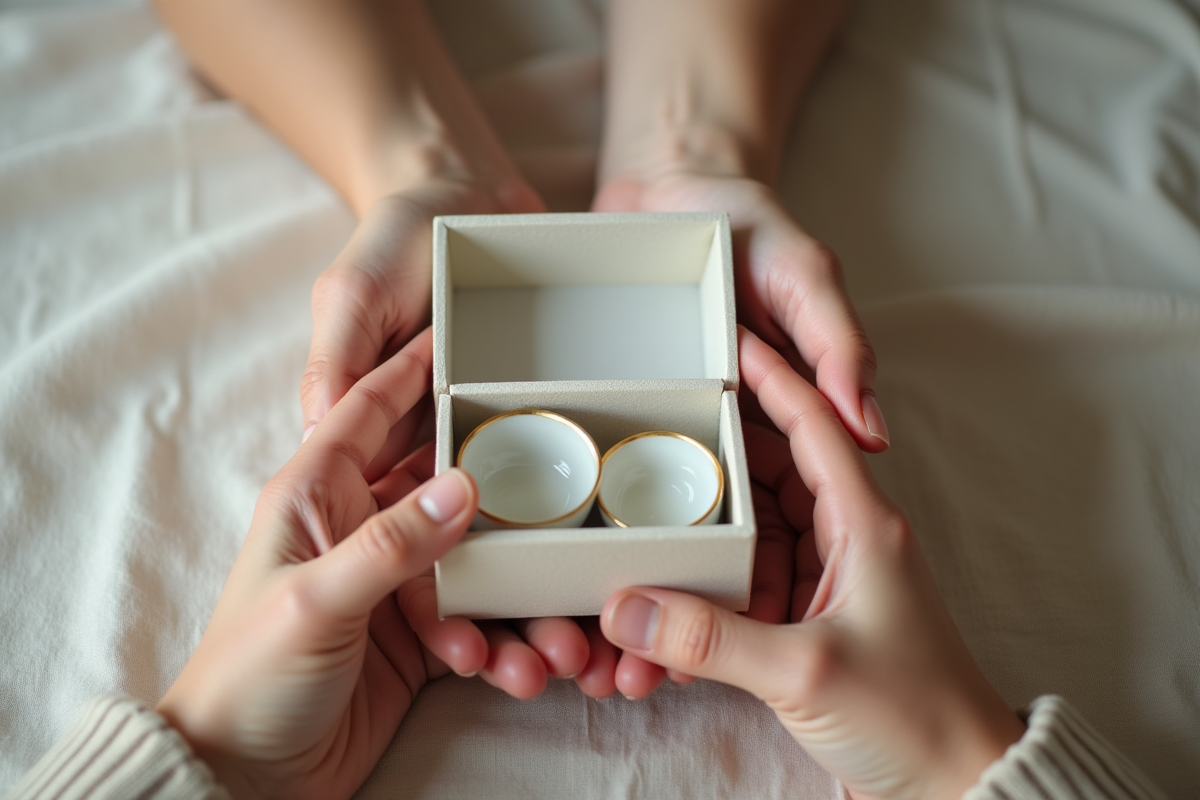 Mains tenant un coffret anniversaire avec porcelaine délicate