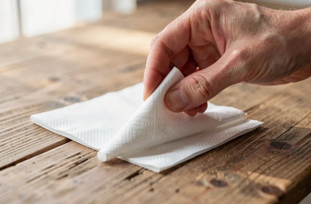 Mains enroulant une serviette en papier blanche en forme de cône