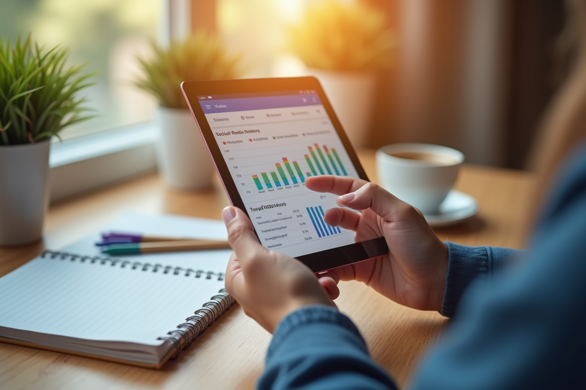 Mains tenant un smartphone avec des analyses sociales sur un bureau chaleureux