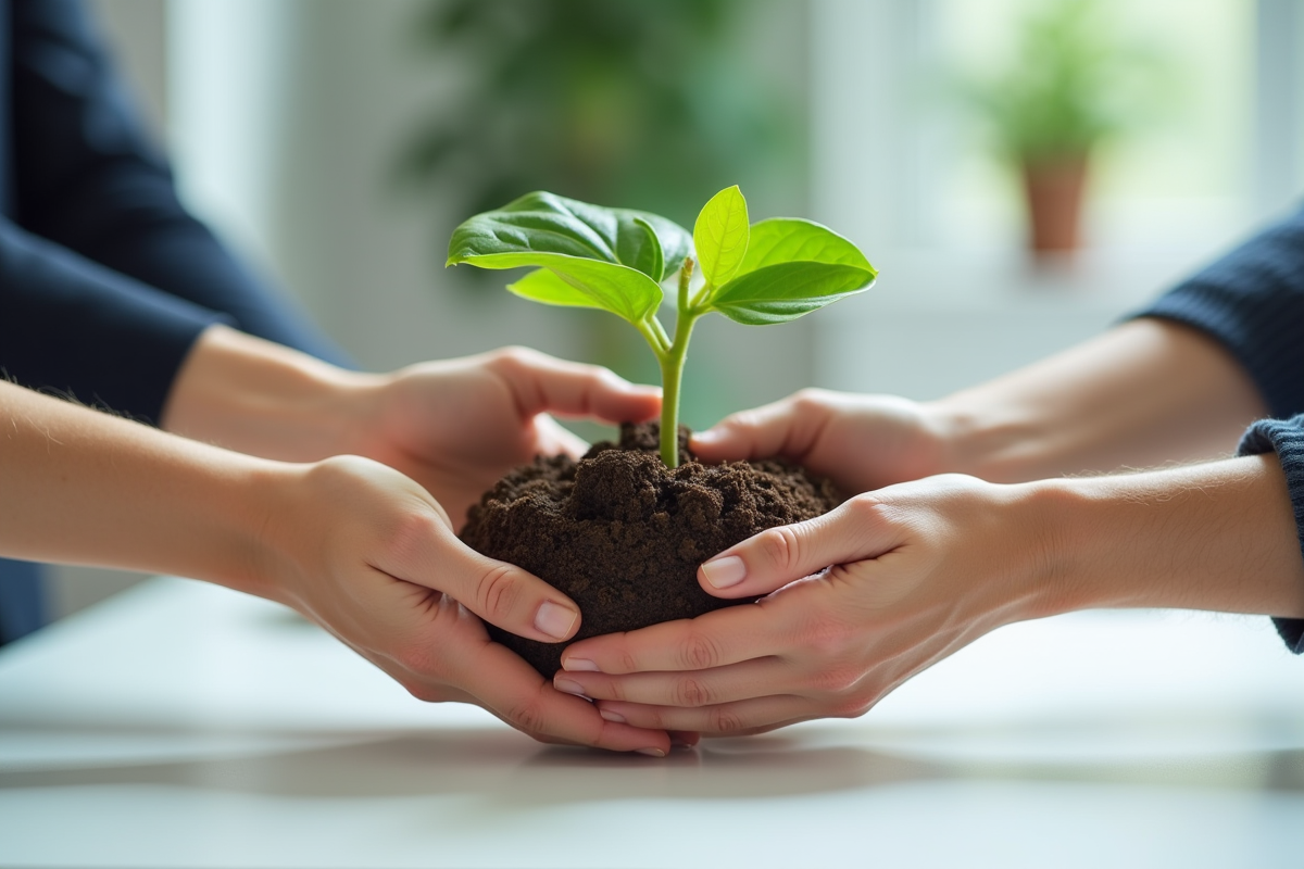 Mains de collaborateurs tenant une plante verte sur un bureau blanc