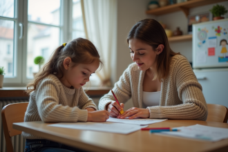 Maman et sa fille dessinant à la cuisine chaleureuse