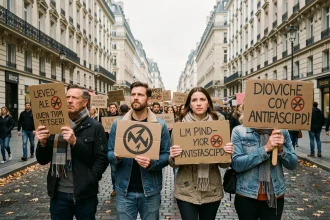 Manifestants antifascistes tenant des pancartes peintes à la main lors d'une manifestation dans une rue pavée d'une ville européenne