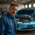 Mécanicien homme inspectant un moteur hybride en atelier