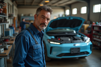 Mécanicien homme inspectant un moteur hybride en atelier