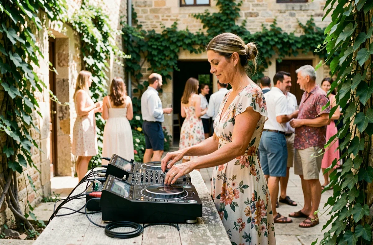DJ de Mes Petites Musiques Nouvelle Aquitaine animant une terrasse de jardin provençale lors d'un événement estival en Gironde