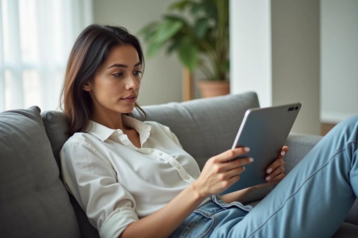 Femme naviguant en mode privé sur une tablette dans son salon contemporain