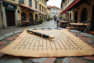 Grille de mots fléchés avec des noms de villes serbes écrits à la plume sur une table en pierre dans un café de Belgrade
