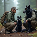 Naturaliste avec chien et loup dans la forêt brumeuse