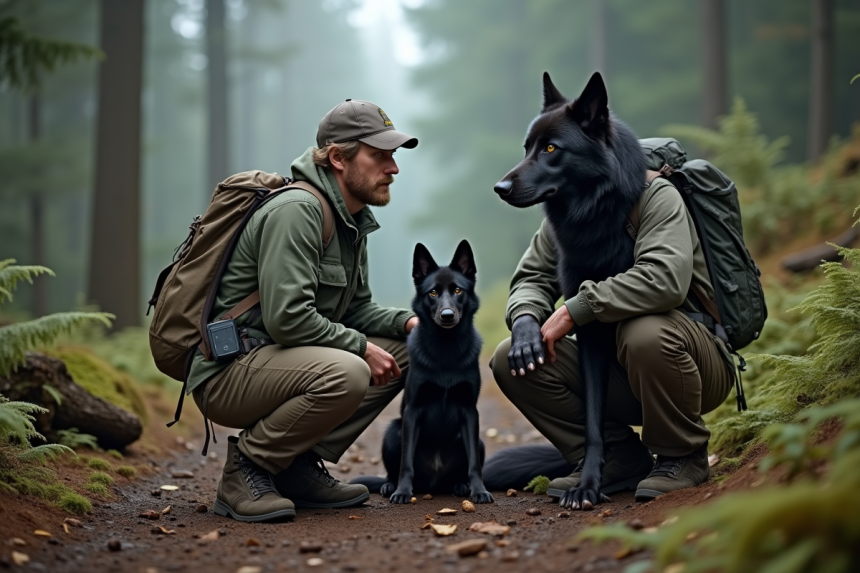 Naturaliste avec chien et loup dans la forêt brumeuse
