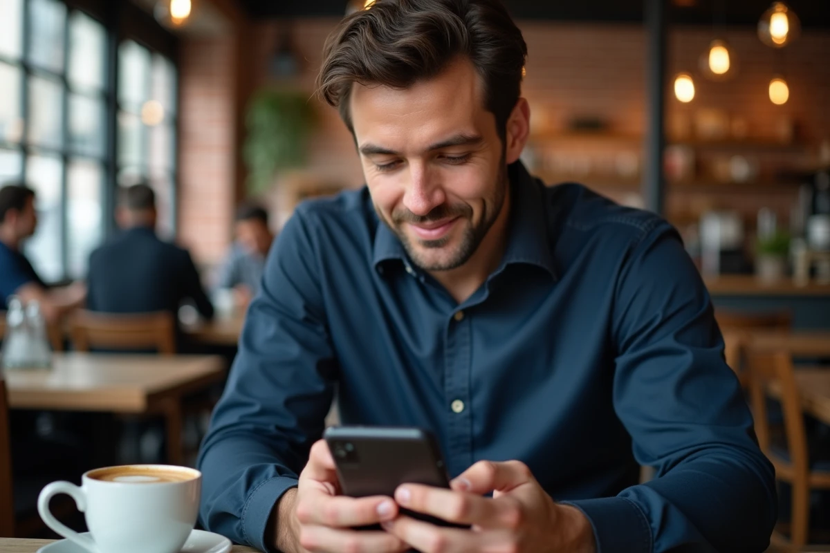 Homme consultant discrètement son téléphone dans un café pour une connexion privée