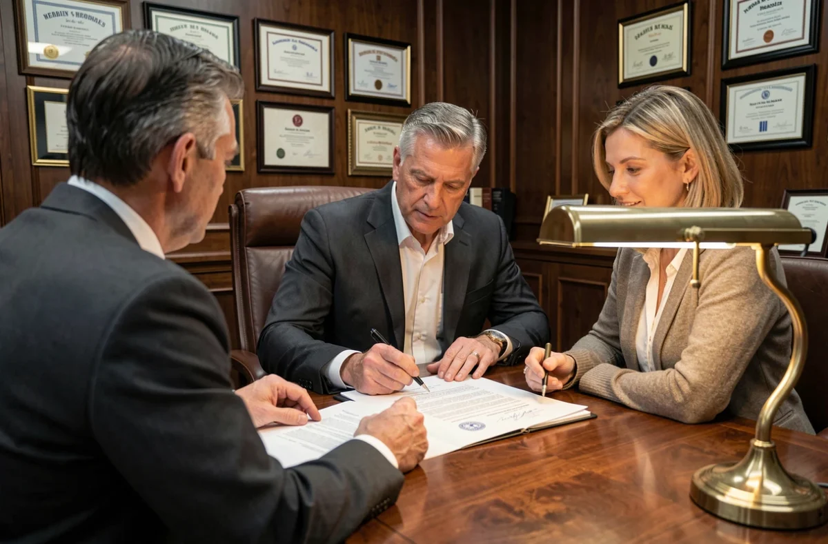 Notaire expliquant un contrat juridique à un couple dans un bureau traditionnel avec boiseries en chêne