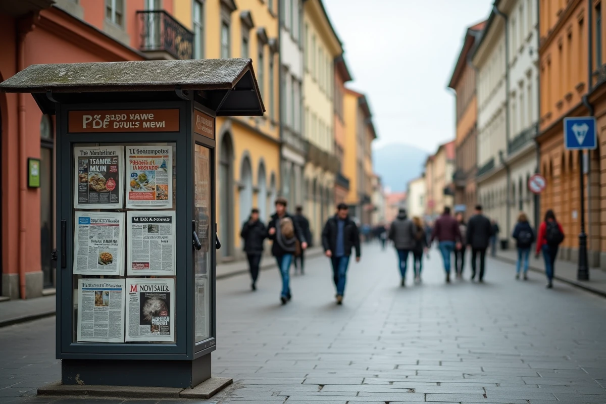 Vue large du centre-ville de Novi Sad en Serbie avec kiosque à journaux et magazines de mots fléchés en premier plan