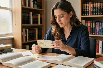Femme étudiant les nuances de la langue anglaise avec des livres de grammaire et des notes manuscrites sur un bureau en bois