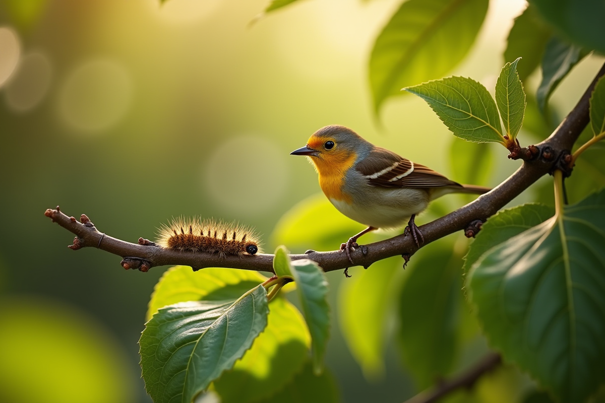 Oiseau dans le jardin regardant la chenille sur la branche
