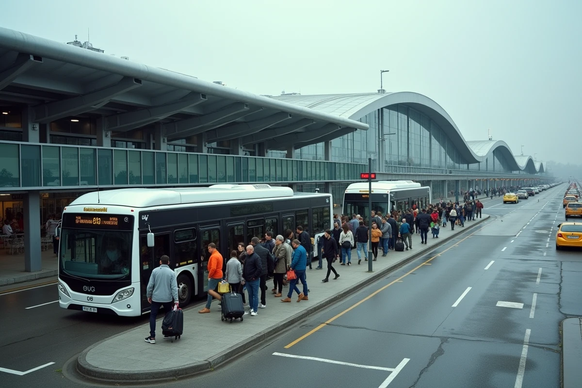 Arrêt de bus OrlyBus devant le terminal de l'aéroport d'Orly avec des voyageurs et leurs bagages en Île-de-France