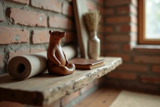 Figurine d'ourson en bois sculpté sur une étagère de méditation entourée de symboles spirituels et d'un journal
