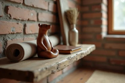 Figurine d'ourson en bois sculpté sur une étagère de méditation entourée de symboles spirituels et d'un journal