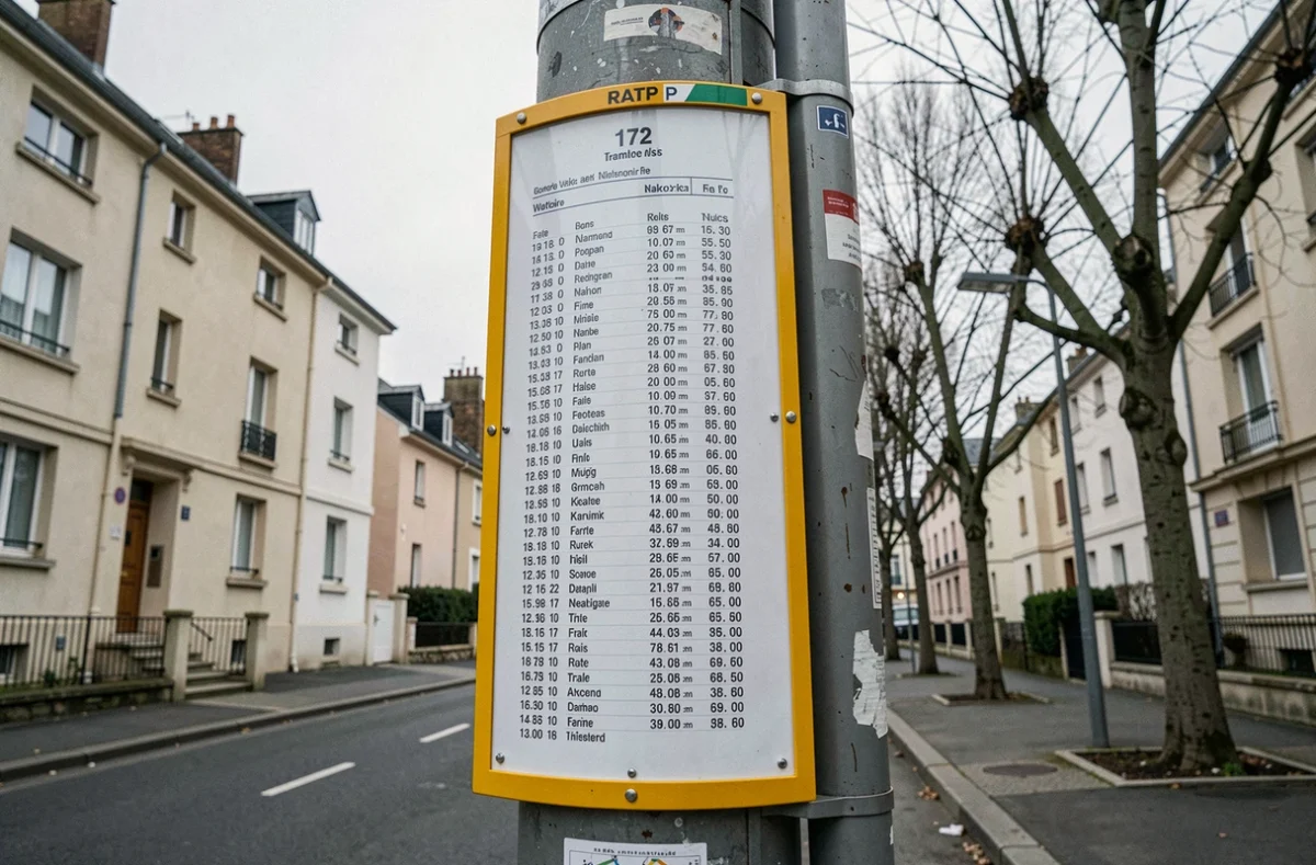 Panneau d'affichage des horaires du bus 172 à un arrêt RATP en banlieue parisienne avec immeubles en arrière-plan