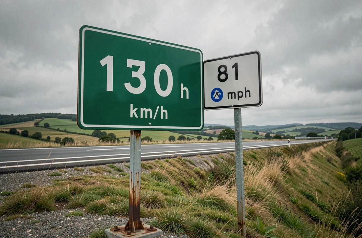 Panneau de limitation de vitesse à 130 km/h sur une autoroute française avec équivalence en mph