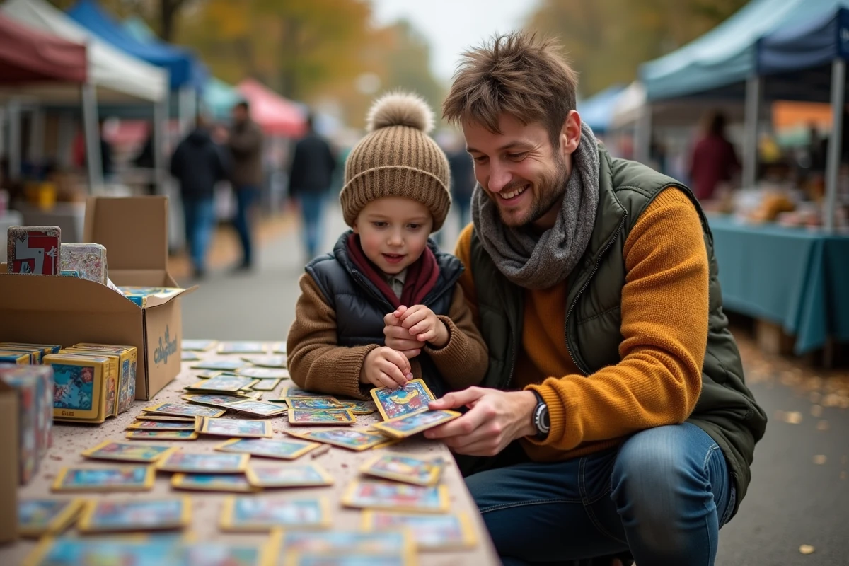 Père et fils cherchent des cartes Pokémon au marché