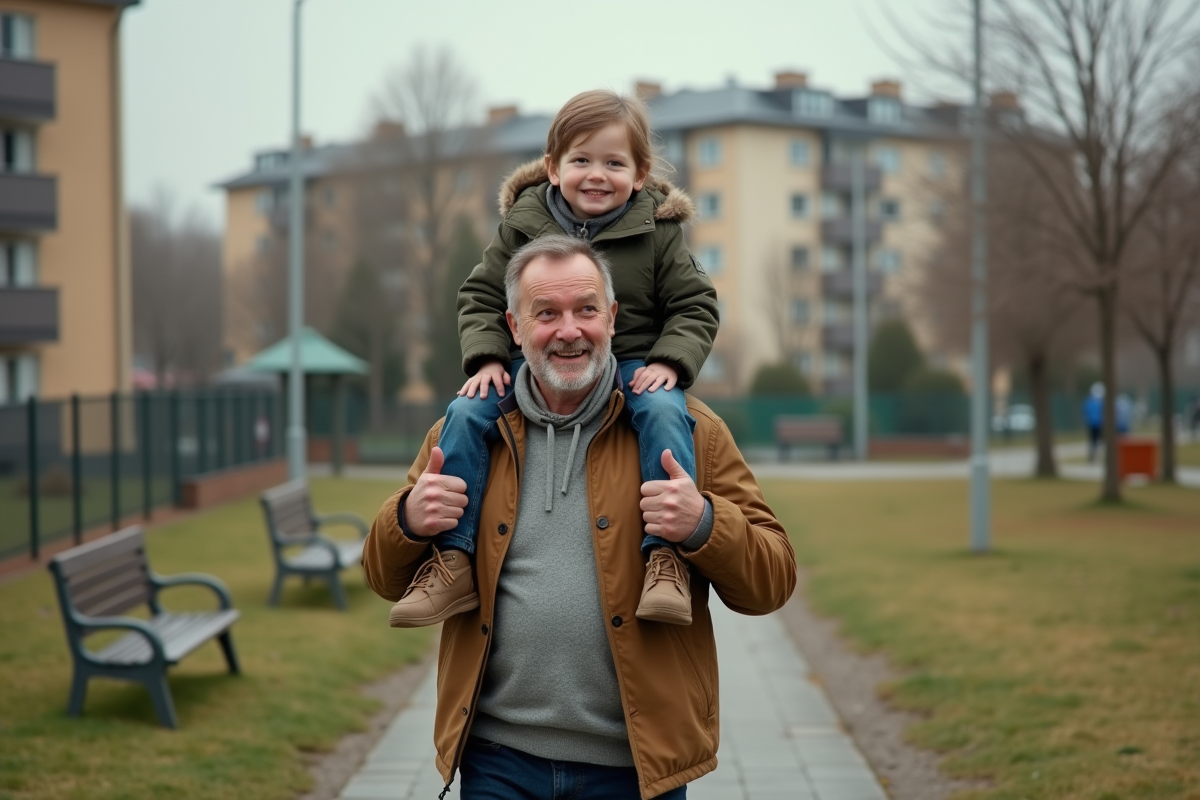 Père portant son enfant dans un parc urbain