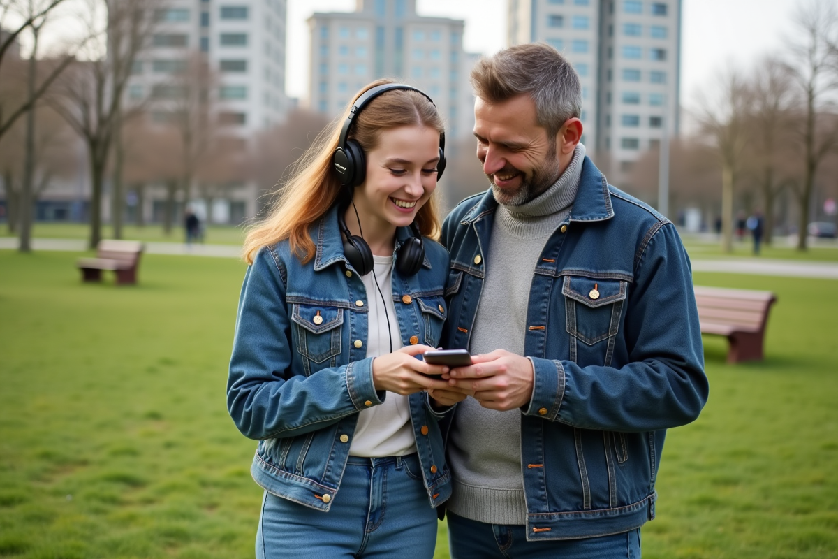 Un père et sa fille riant avec un smartphone dans un parc urbain