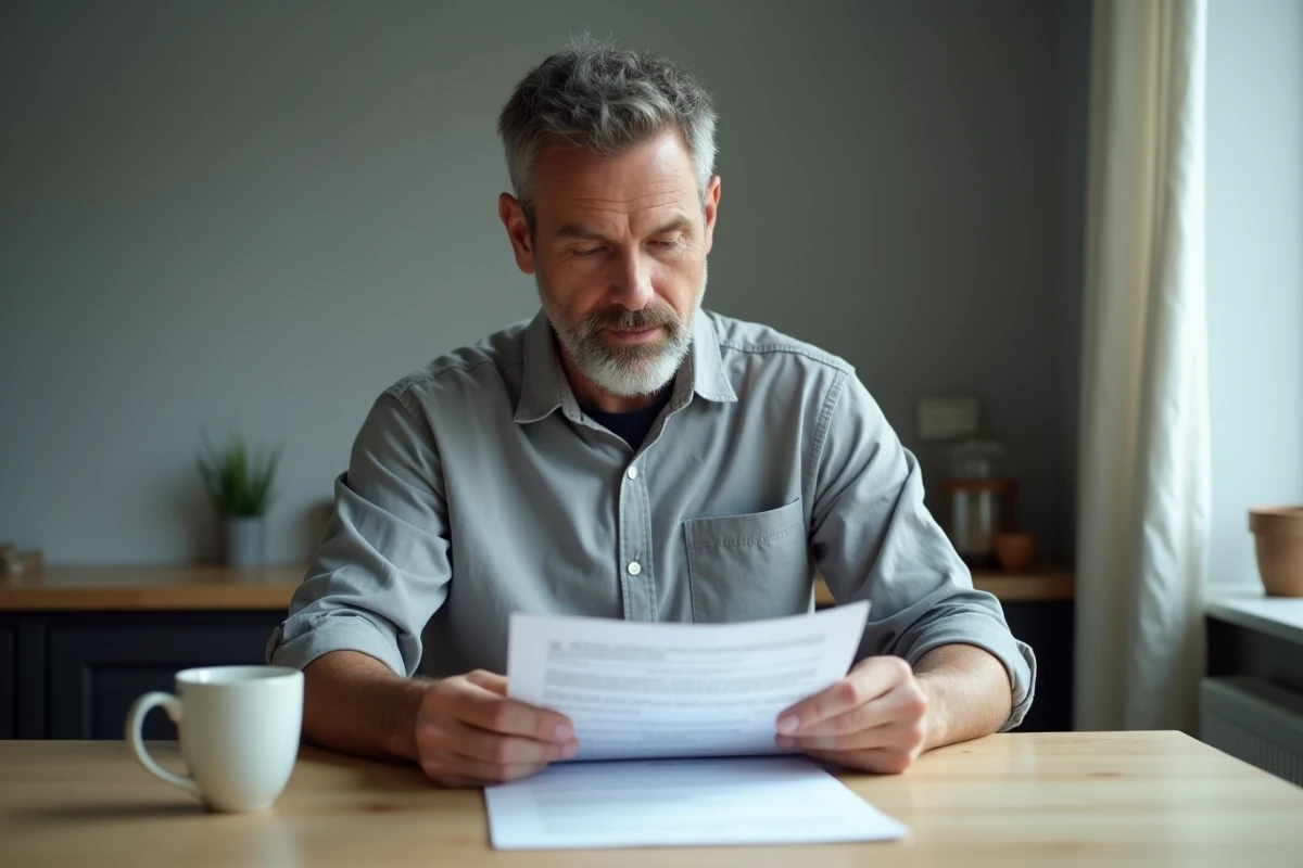 Homme lisant seul un jugement de débouté à une table de cuisine, expression sérieuse et pensive