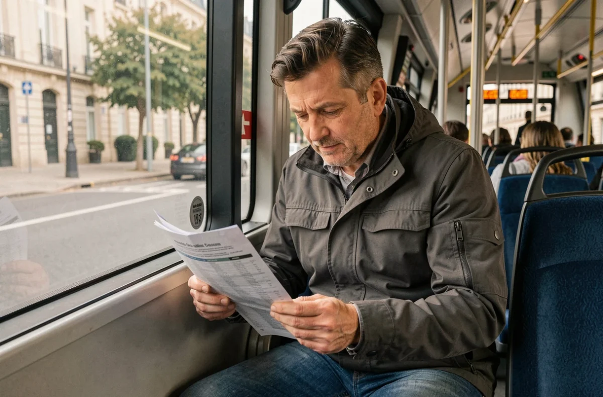 Passager consultant l'horaire du bus 172 à l'intérieur d'un bus en direction de Paris