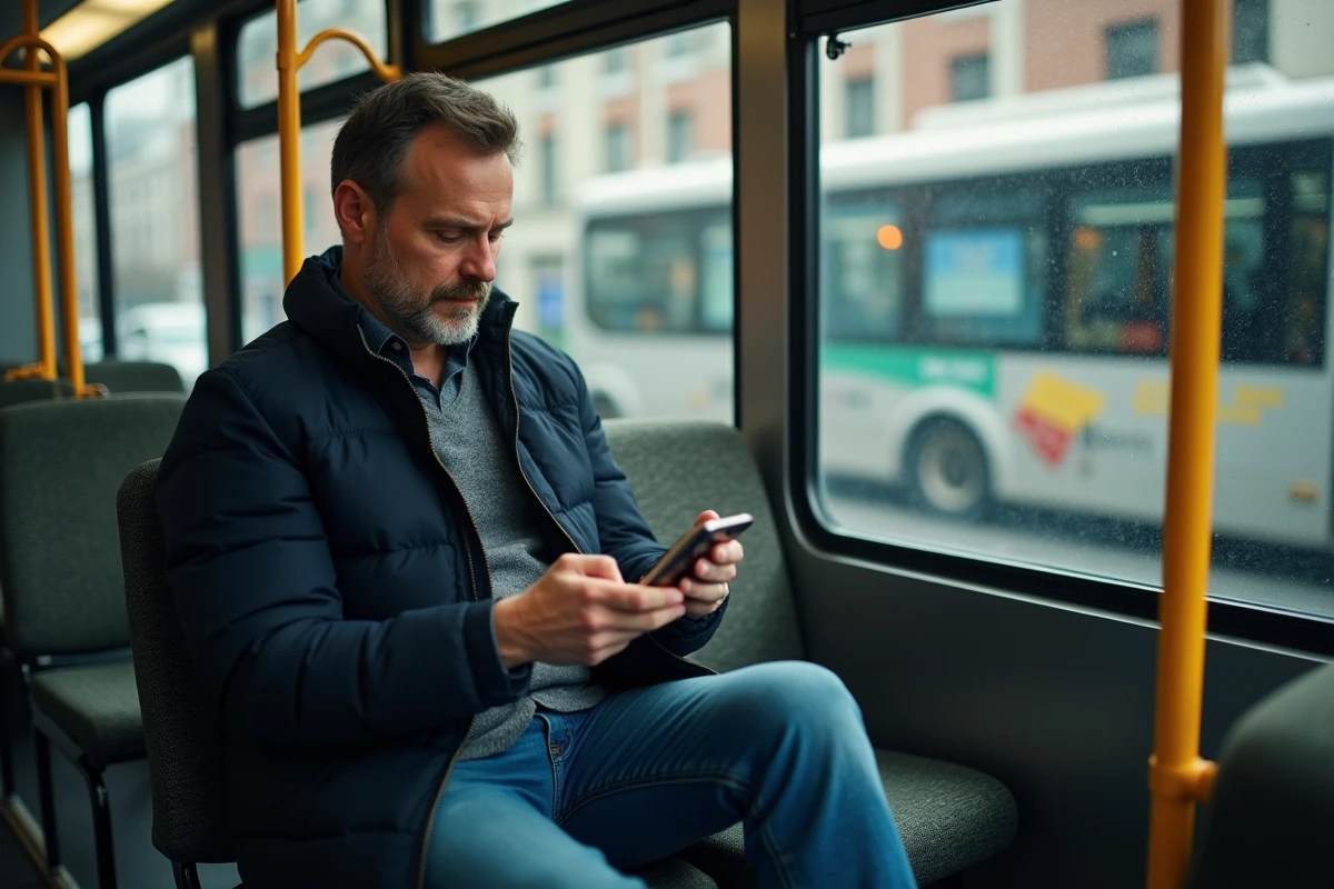Passager du bus 91 consultant le trajet optimisé sur son téléphone à l'intérieur du véhicule