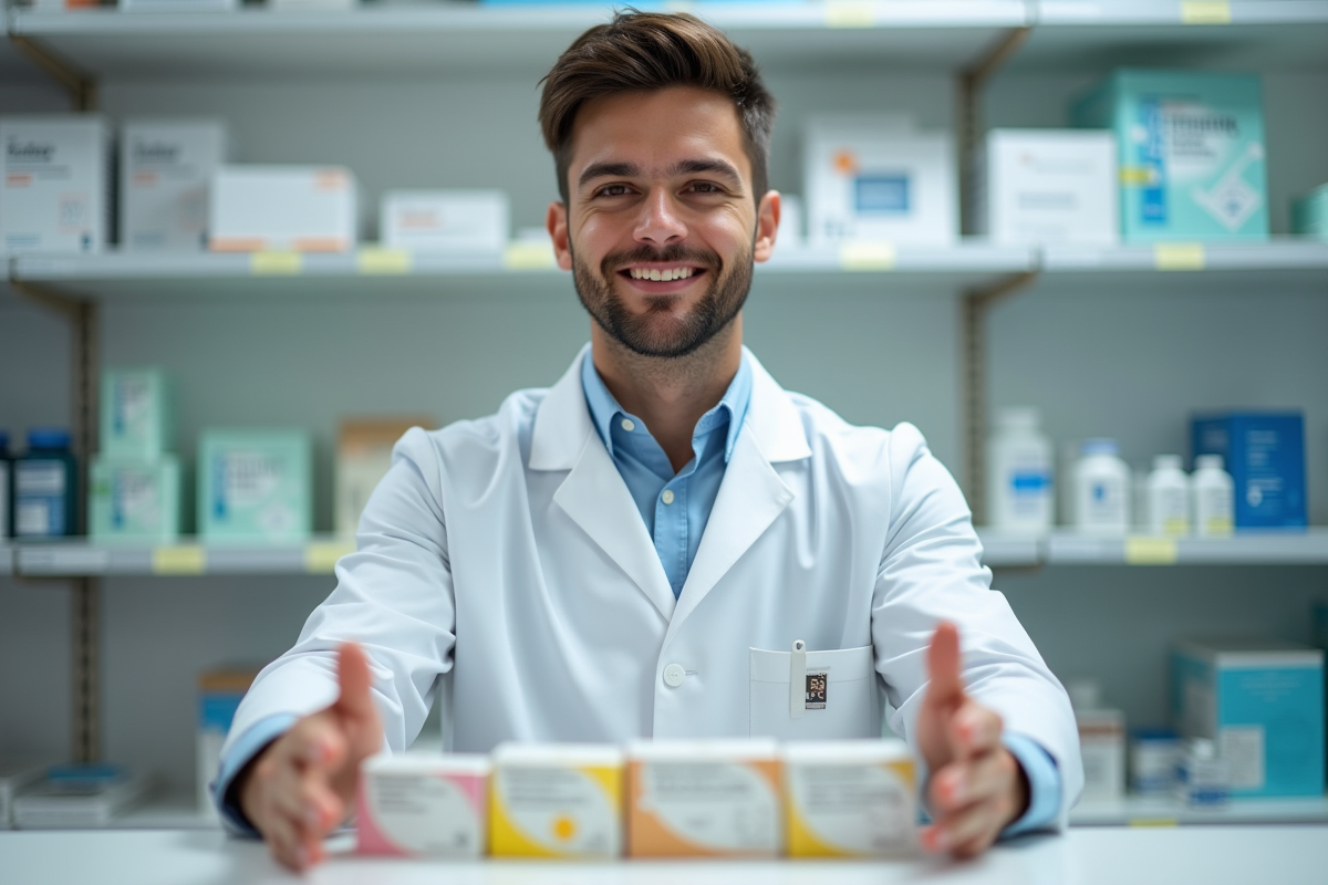 Jeune pharmacien montrant des boîtes de médicaments en pharmacie