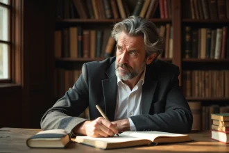 Homme pensif assis dans une bibliothèque vintage entourée de livres annotés, évoquant la philosophie d'Emerson à l'époque moderne