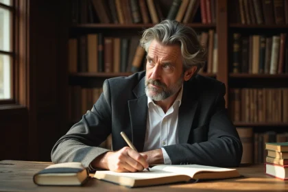 Homme pensif assis dans une bibliothèque vintage entourée de livres annotés, évoquant la philosophie d'Emerson à l'époque moderne