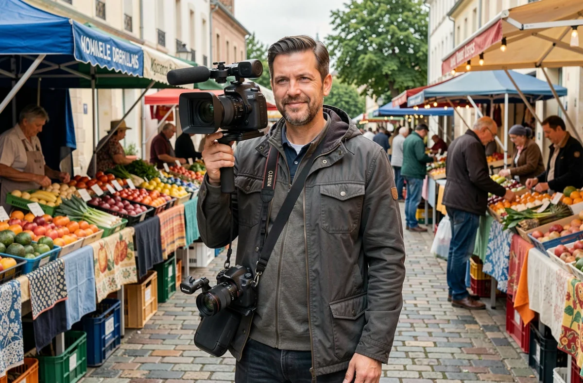 Professionnel photo-vidéo polyvalent avec double équipement lors d'un reportage en Gironde
