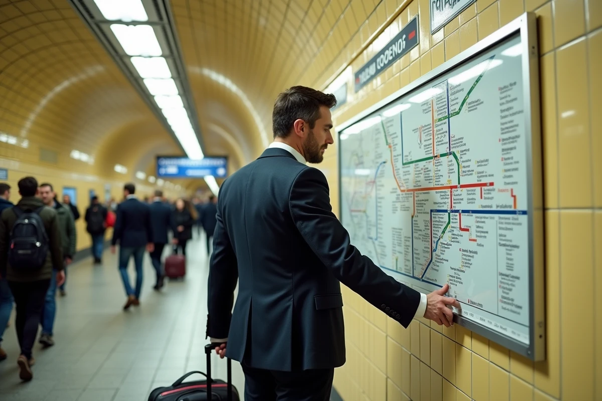 Homme d'affaires consultant le plan du réseau RER en Île-de-France dans une station de correspondance parisienne