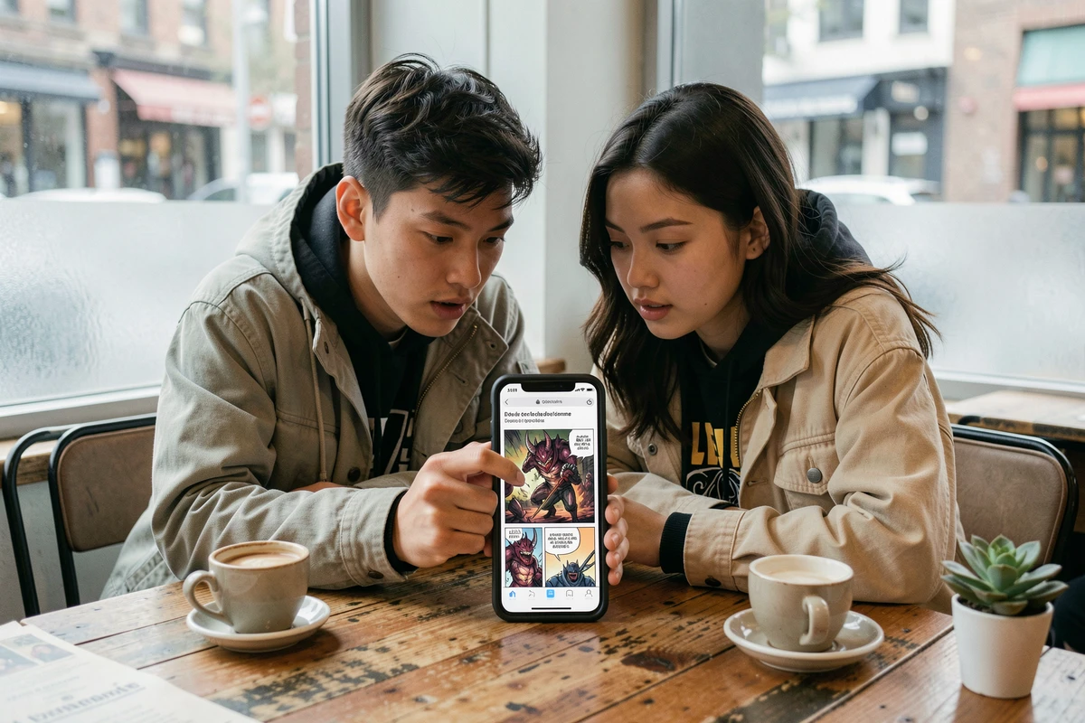 Deux amis consultant une plateforme de scans Demon Slayer en VF sur un smartphone dans un café urbain