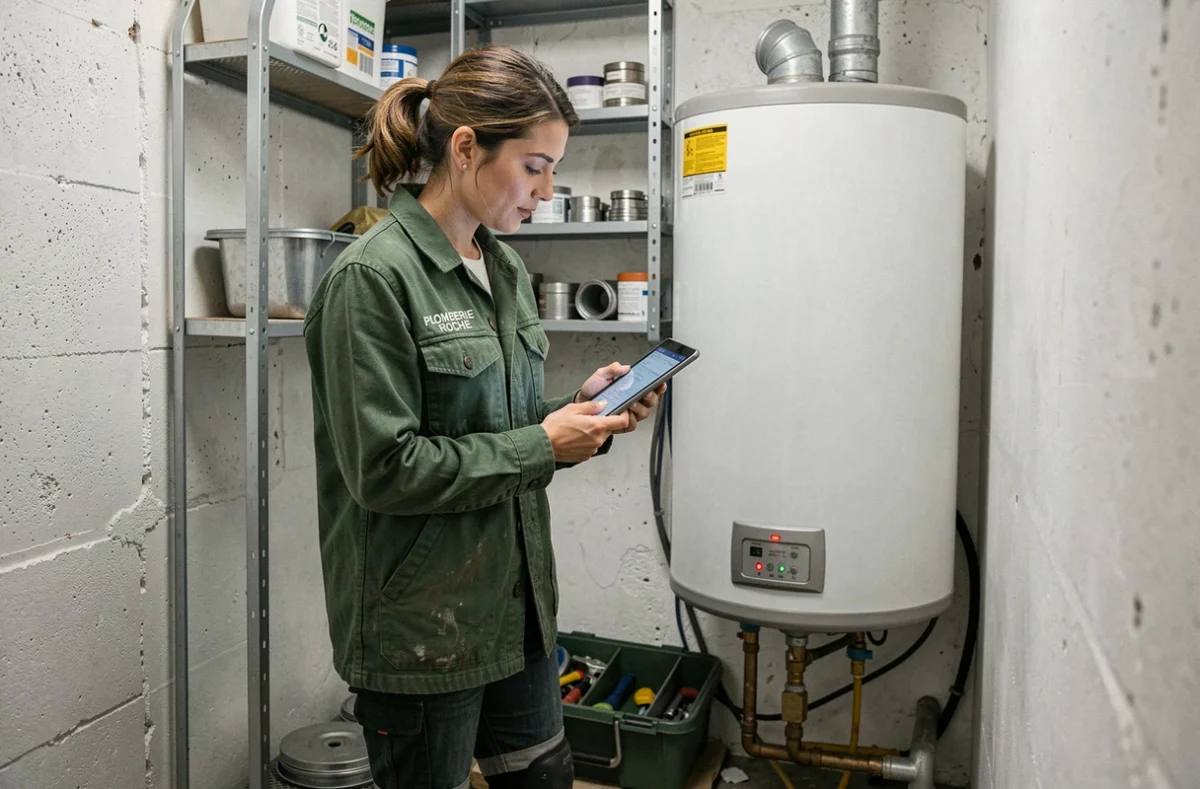Technicienne Plomberie Roche Lyon inspectant un chauffe-eau dans un local technique d'appartement