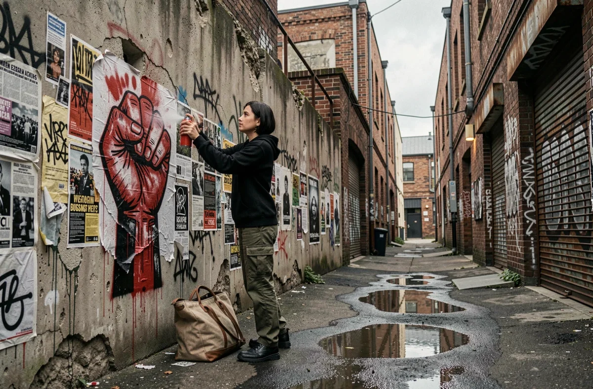 Jeune femme appliquant un pochoir antifasciste sur un mur en béton couvert de graffitis dans une ruelle industrielle