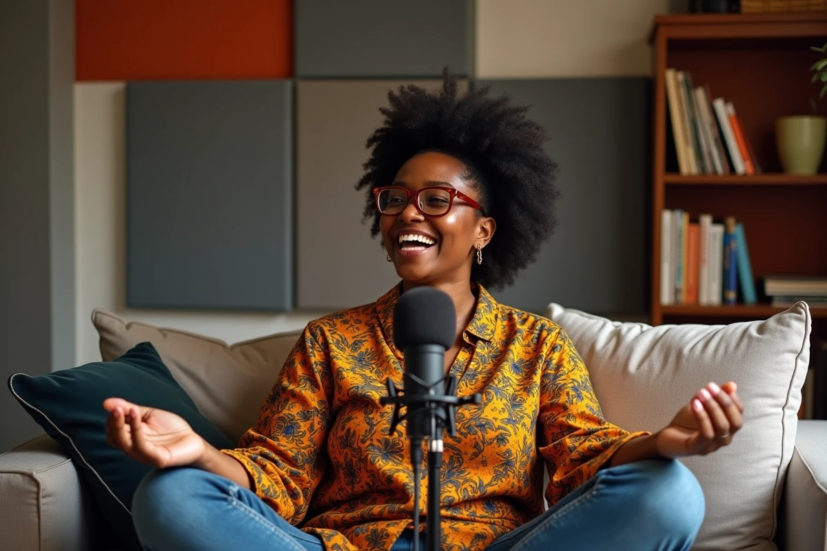 Podcasteuse noire souriante en train d'enregistrer un épisode sur l'humour et l'autodérision dans un studio maison chaleureux