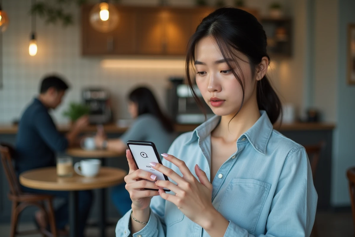 Femme consultant son smartphone avec une page de manga qui ne se charge pas dans un café urbain