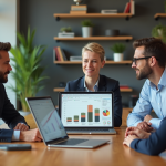 Trois professionnels discutant autour d'un ordinateur en open space