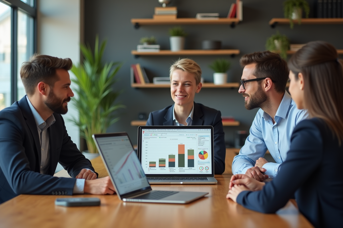 Trois professionnels discutant autour d'un ordinateur en open space